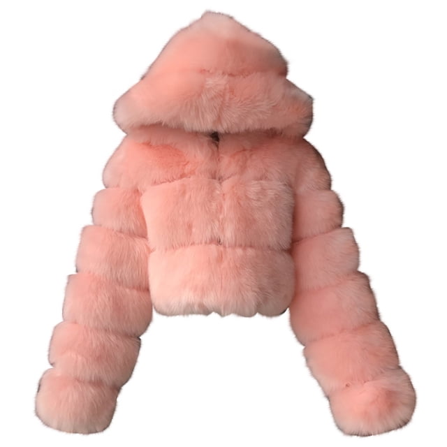 Veste à Manches Longues pour Femmes Courte Fausse Capuche Chaude en Fourrure Manches Longues