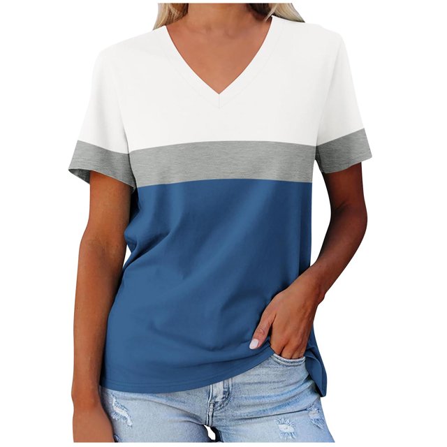 Yuyuzo T-Shirts pour Femmes Manches Courtes Décontractés Col en V Tops d'Été Color Block Tees Amples