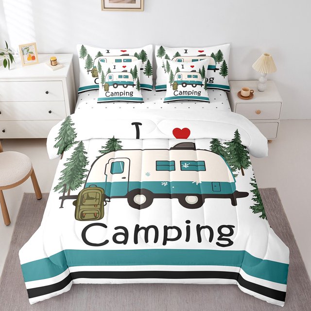 Erosebridal Camper Bedding Twin Size, Cartoon RV Car Bedding Sets Twin Size, Happy Camping Decor, Reversible 7 Pieces
