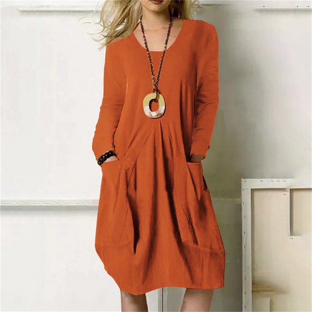 Robe d'Été Fluide pour Femmes Printemps et Automne Col Rond Coton Lin Ample Décontractée Couleur Unie Manches Longues Robe à Poches Taille Empire Robes pour Femmes 2023 en Liquidation