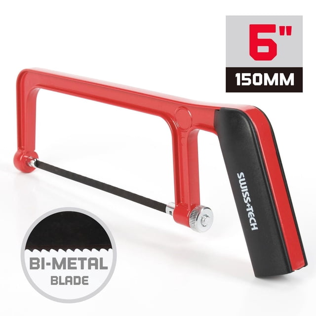 Swiss Tech 6" Mini Hacksaw with red aluminum alloy frame and black rubberized handle featuring an easy turning knob for tool-free blade changes and a 6-inch bi-metal blade, designed for precise small cutting tasks in hand tool use.