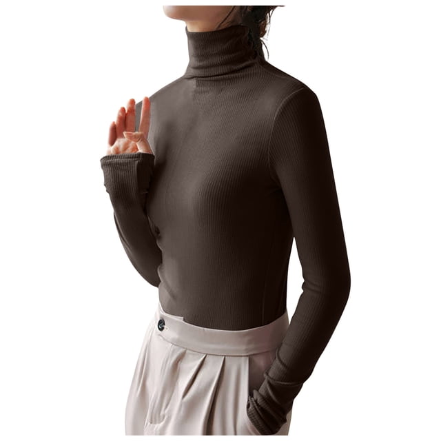 AherBiu Womens Tops Long Sleeve Ribbed Knitted Stretchy Slim Fitted Basic Tee Tops High Neck Warm Undershirts