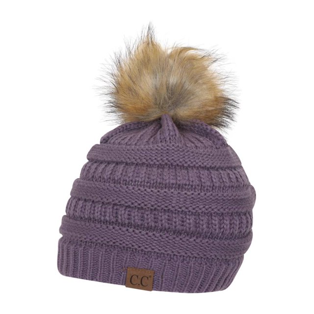 Gravity Threads Cable Knit Faux Fur Pom Pom Beanie Hat, Violet