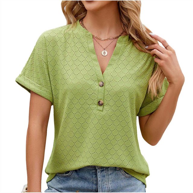 RKSTN Womens Tops 2024 Fashion Casual Short Sleeve V Neck Tops Loose Plus Size Solid Color Mesh Breathable Temperament Tops