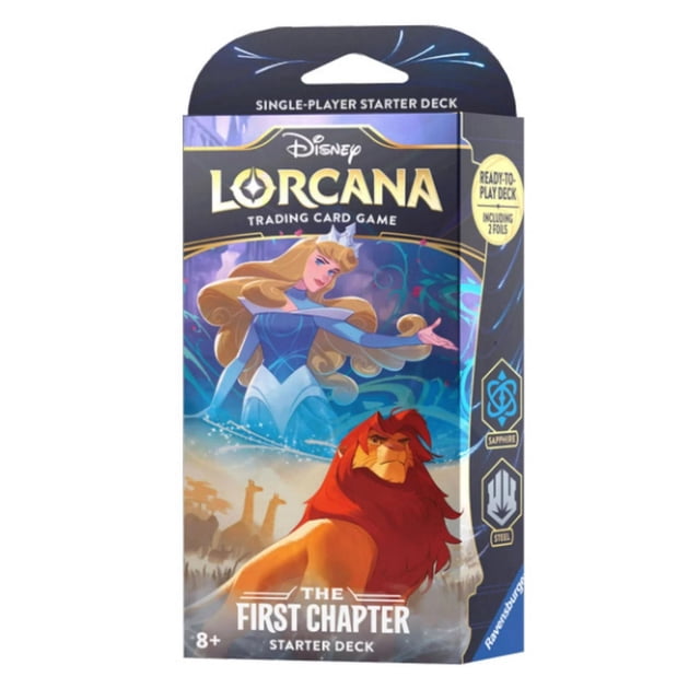 Ravensburger Disney Lorcana Trading Card Games The First Chapter Starter Deck Sapphire & Steel featuring packaging with a lion and a blue-robed female character, a single-player starter deck for ages 8 and up, including two foil cards and ready-to-play.