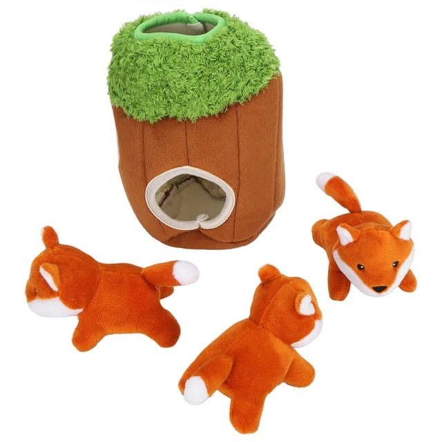 Ccdes Dog Toys Pet Dog Toys Plush Squeak Tree Hole Dog Puzzle Seeking And Hiding Toy. The toy set includes a plush tree trunk with a green top and an opening, along with three small orange fox-shaped squeaky toys. Made of soft and durable plush material, it is lightweight and compact, measuring approximately 19x15x8cm. Designed to engage dogs in interactive play, promoting exercise and bonding with owners.