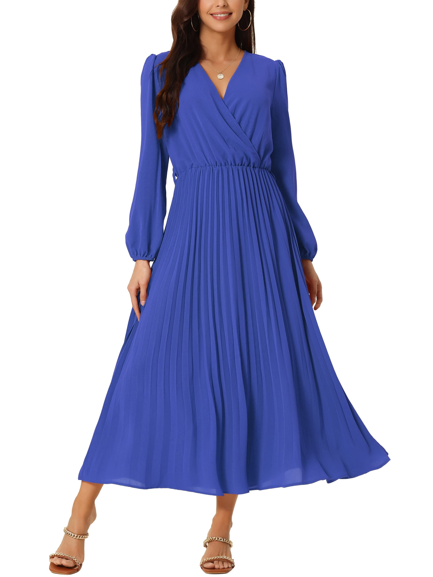 INSPIRE CHIC Robe Plissée pour Femme Manches Longues Bouffantes Col en V Robe avec Ceinture à la Taille TG Bleu Royal