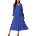 thumbnail image 1 of INSPIRE CHIC Robe Plissée pour Femme Manches Longues Bouffantes Col en V Robe avec Ceinture à la Taille P Bleu Royal, 1 of 7
