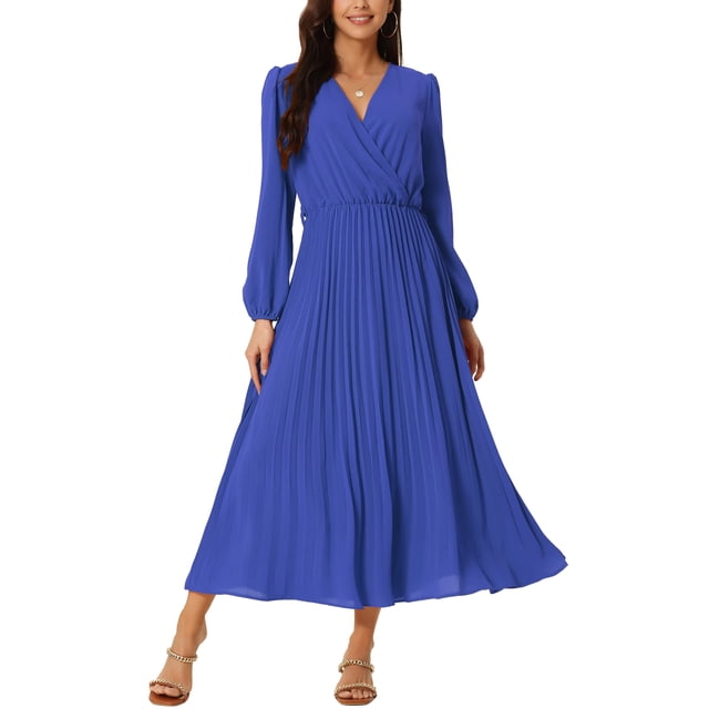 INSPIRE CHIC Robe Plissée pour Femme Manches Longues Bouffantes Col en V Robe avec Ceinture à la Taille P Bleu Royal