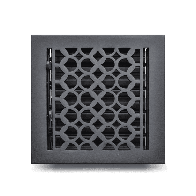 Grille d'Aération de Plancher en Fonte 8′′ x 8′′ avec Registre d'Humidité / Registre de Plancher Décoratif CVC Robuste / Grille d'Aération Motif Champignon Tudor / Revêtement en Poudre, Repeignable, Couvercle de Conduit à Insertion Marchable (VR-100)