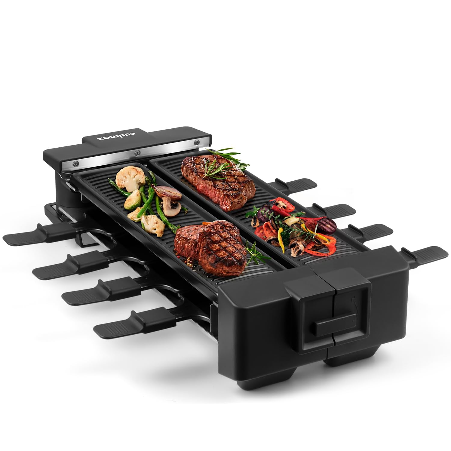 CUSIMAX Raclette Grill Raclette Table Grill Rotatable Korean BBQ Grill, 1400W Indoor Grill with 2 Non-stick Grill Plates, 8 Cheese Trays and Wooden S