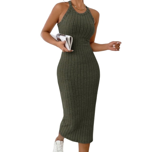 Oksale Robes Moulantes pour Femmes Sans Manches Côtelées Robe Maxi Ajustée Douce Extensible Confortable Col Ras du Cou Dos Nu Robes d'Été pour Fête de Vacances Vert P