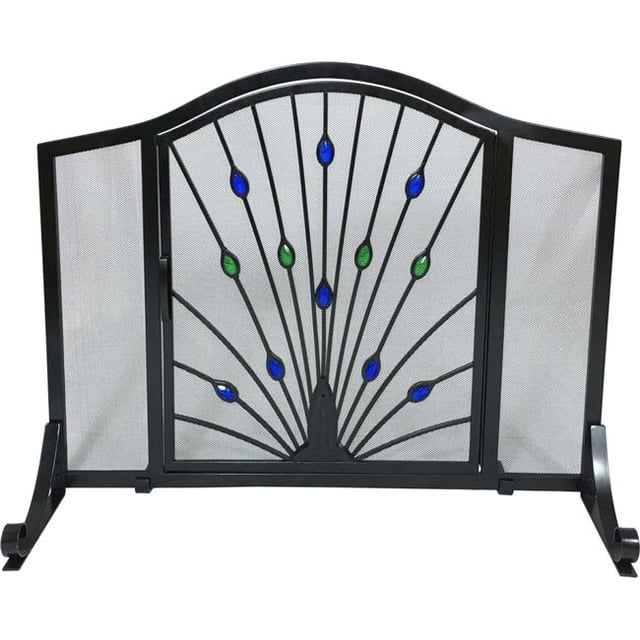 Peacock Design Wrought Iron Arched Panel Screen with Door, Black, Green & Blue