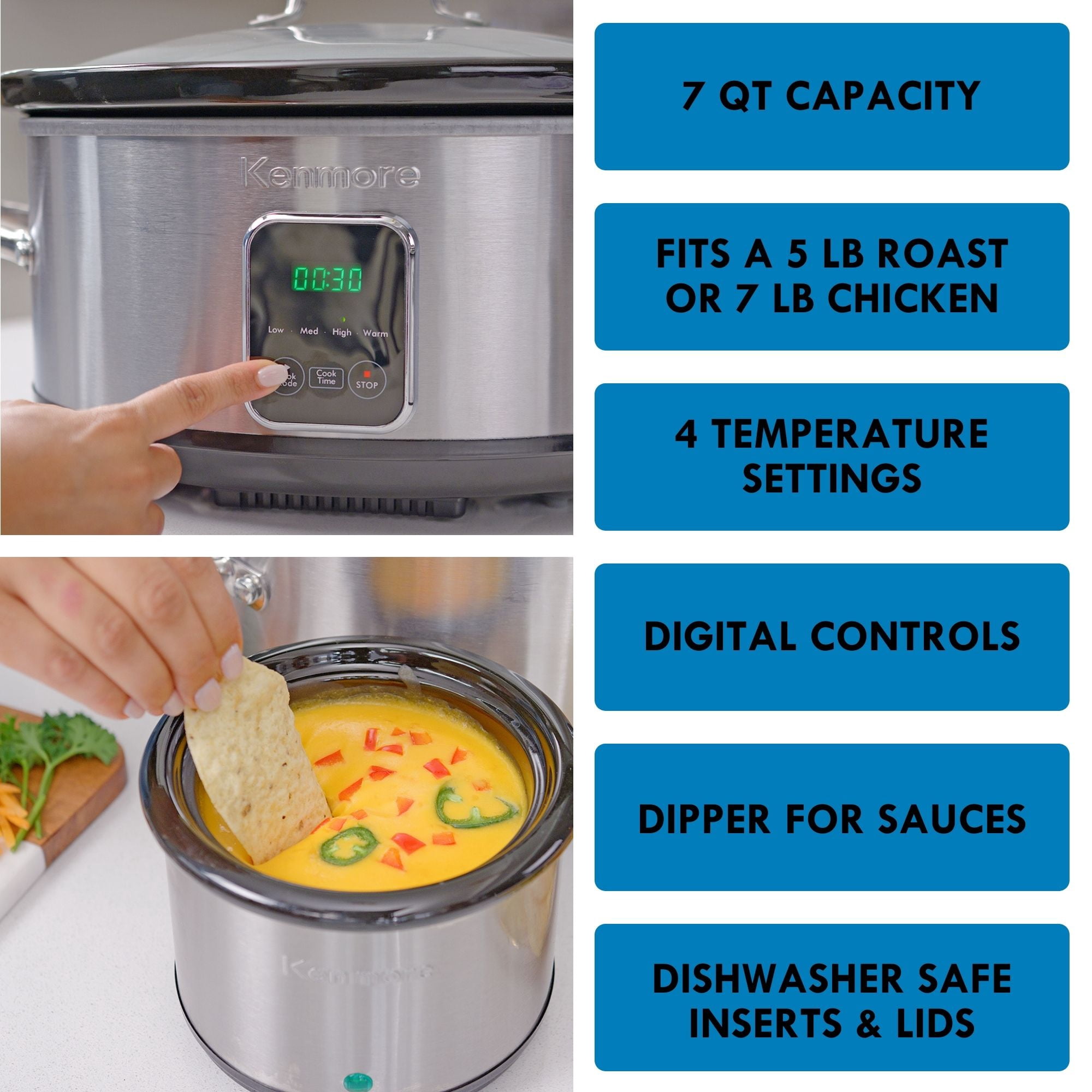 Kenmore 7-Qt Programmable Slow Cooker with Dipper (6.6L), Black & Silver, Easy to Use for Family Meals