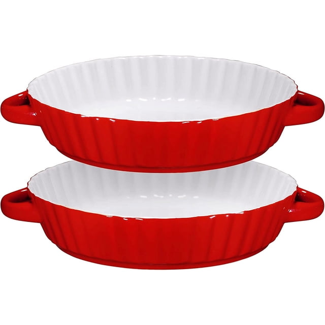 Bruntmor Red Ceramic Pie Pan 9.5" with Handles, set of 2. Vibrant red bakeware with fluted edges and deep sides for even baking. Ergonomic handles ensure easy transport. Ideal for pies, tarts, and decorative serving. Oven, microwave, refrigerator, and dishwasher safe.