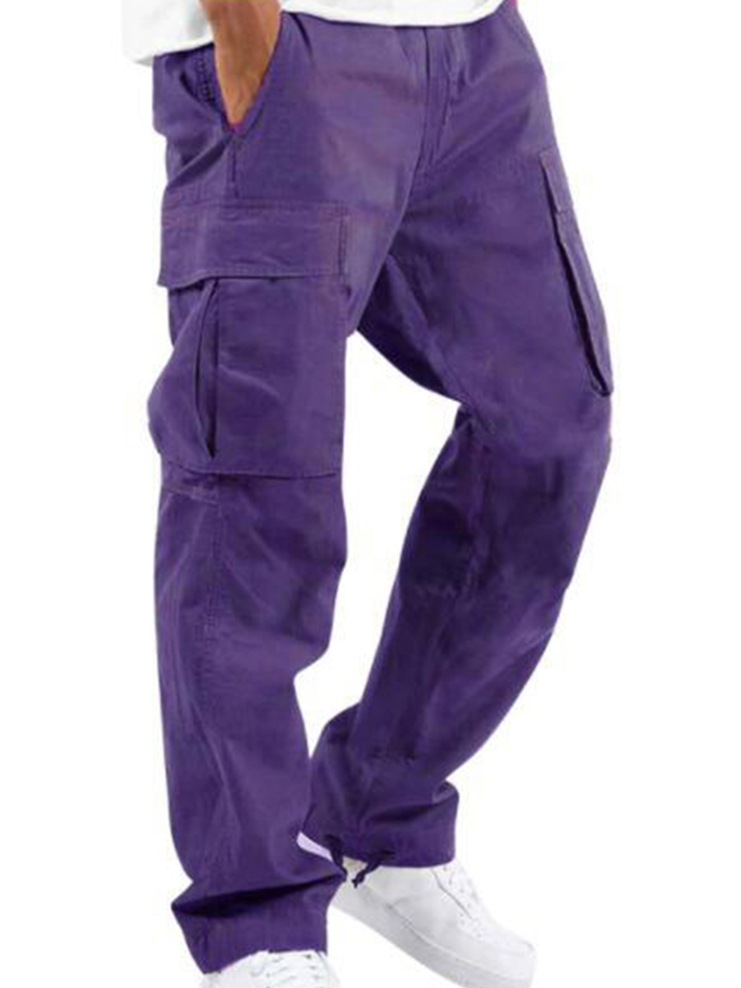 LUXUR Mens Drawstring Trousers Casual Sports Cargo Pant Purple 2XL