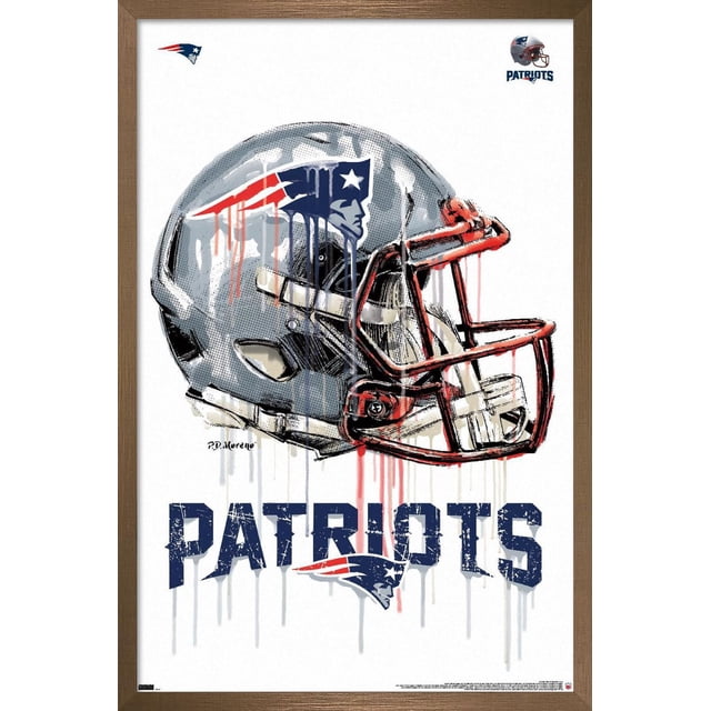 NFL New England Patriots - Drip Helmet 20 Wall Poster, 22.375" x 34" Framed showing a centered front view of a New England Patriots football helmet with red, white, and blue dripping paint effect, the Patriots logo, and distressed navy blue 'PATRIOTS' text below, all enclosed in a brown wood frame, suitable for sports-themed wall décor in homes or offices.