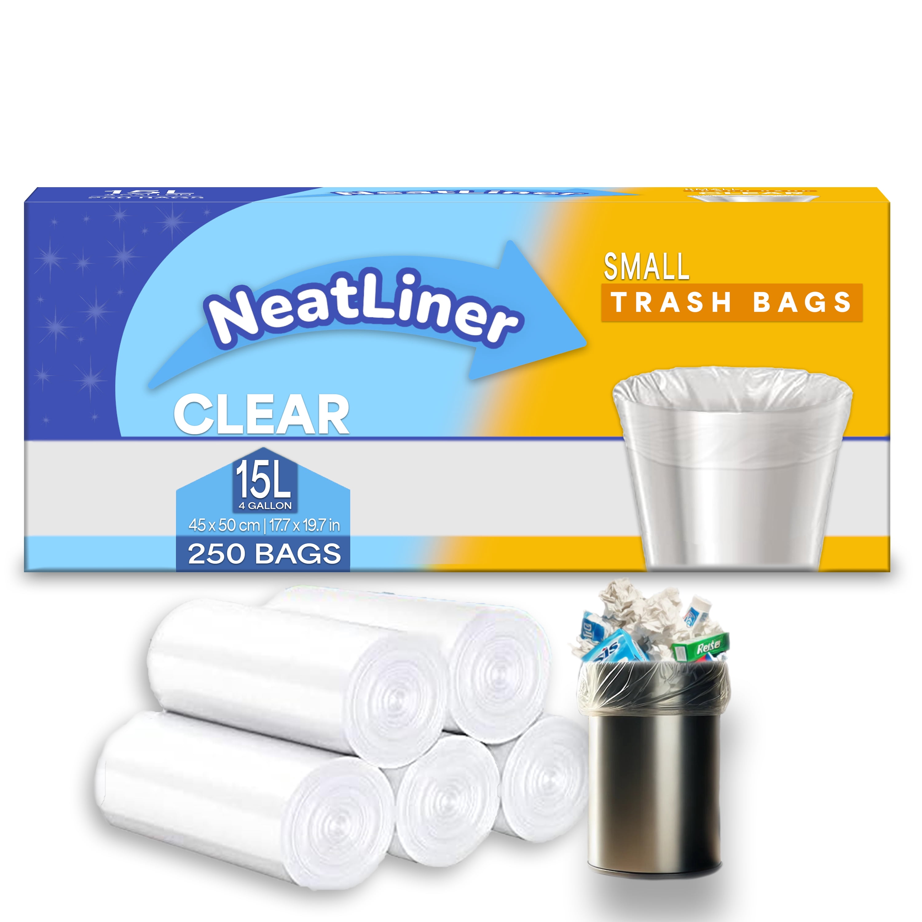 NeatLiner™ 15L Clear Small Garbage Bags – 250 Count Trash Bags for Bathroom & Office - Fits up to 12 Litres Kitchen Bins