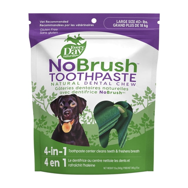 Every Day Naturals NoBrush Toothpaste Natural Dental Chews large size bag for dogs over 40 lbs, featuring a green and white resealable pouch with a green dental chew showing the toothpaste center that cleans teeth, reduces plaque and tartar, and freshens breath with natural ingredients.