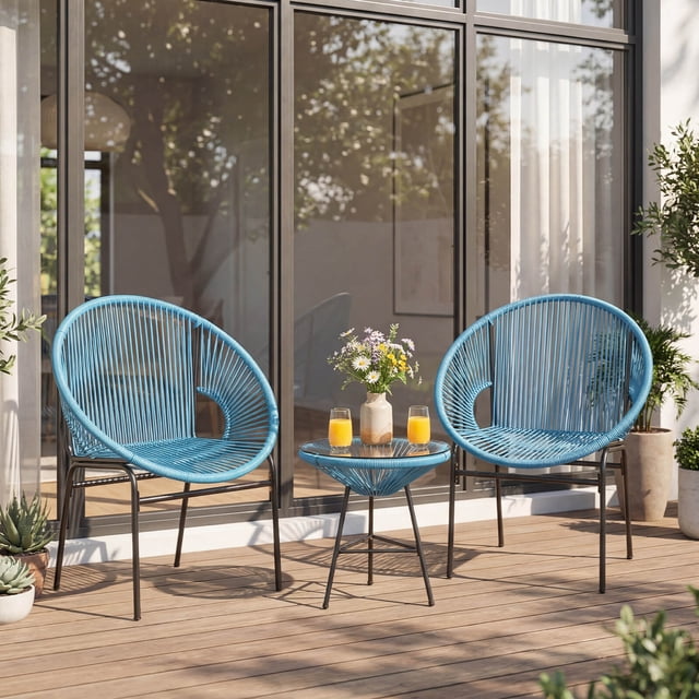 Costway 3PCS Patio Acapulco Furniture Bistro Set Plastic Rope Glass Table