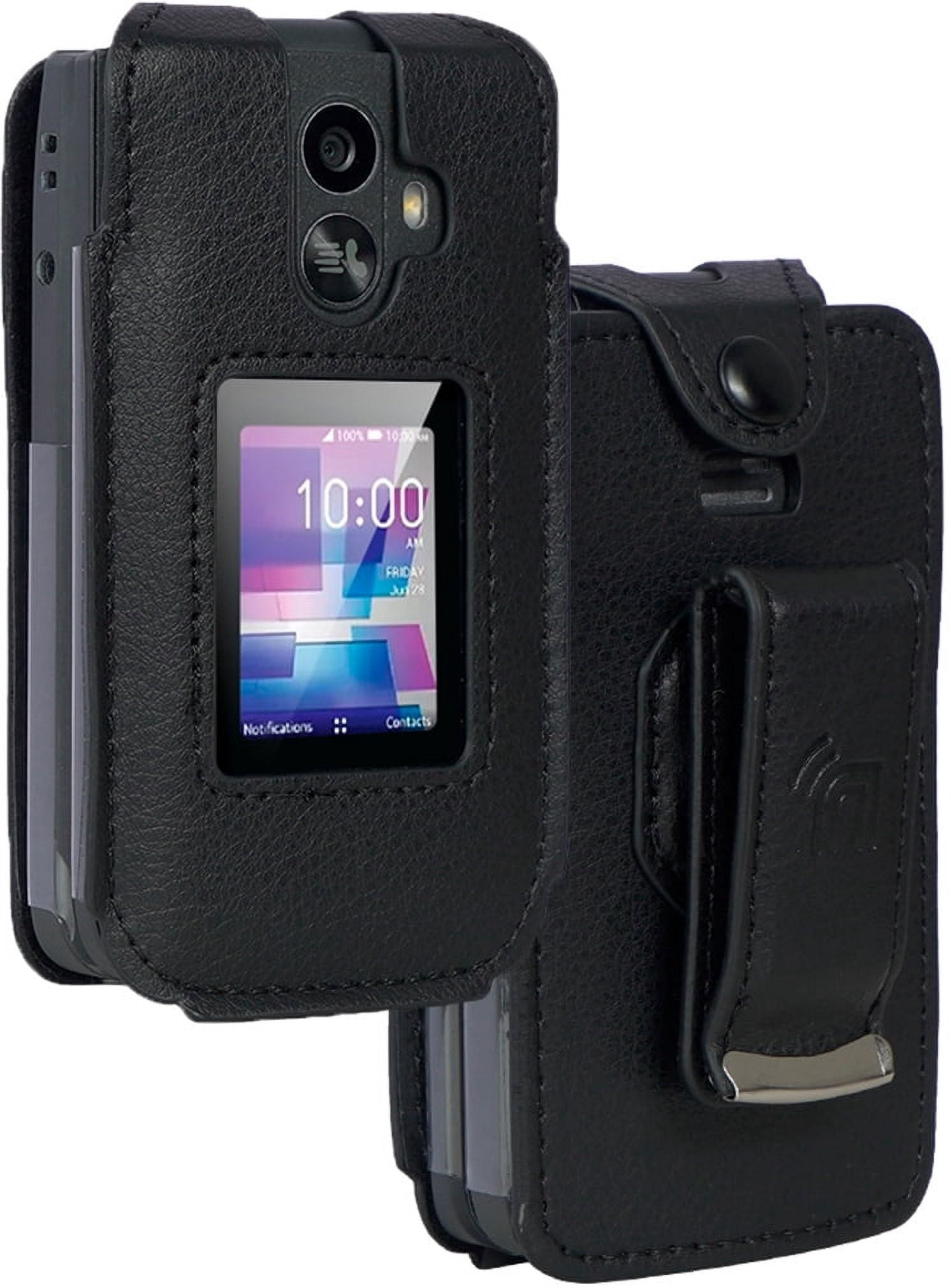 Case for TCL Flip 3 Phone, Nakedcellphone [Black Vegan Leather] Form-Fit Cover [Built-In Screen Protection] and [Metal Belt Clip] for T435 (2024)
