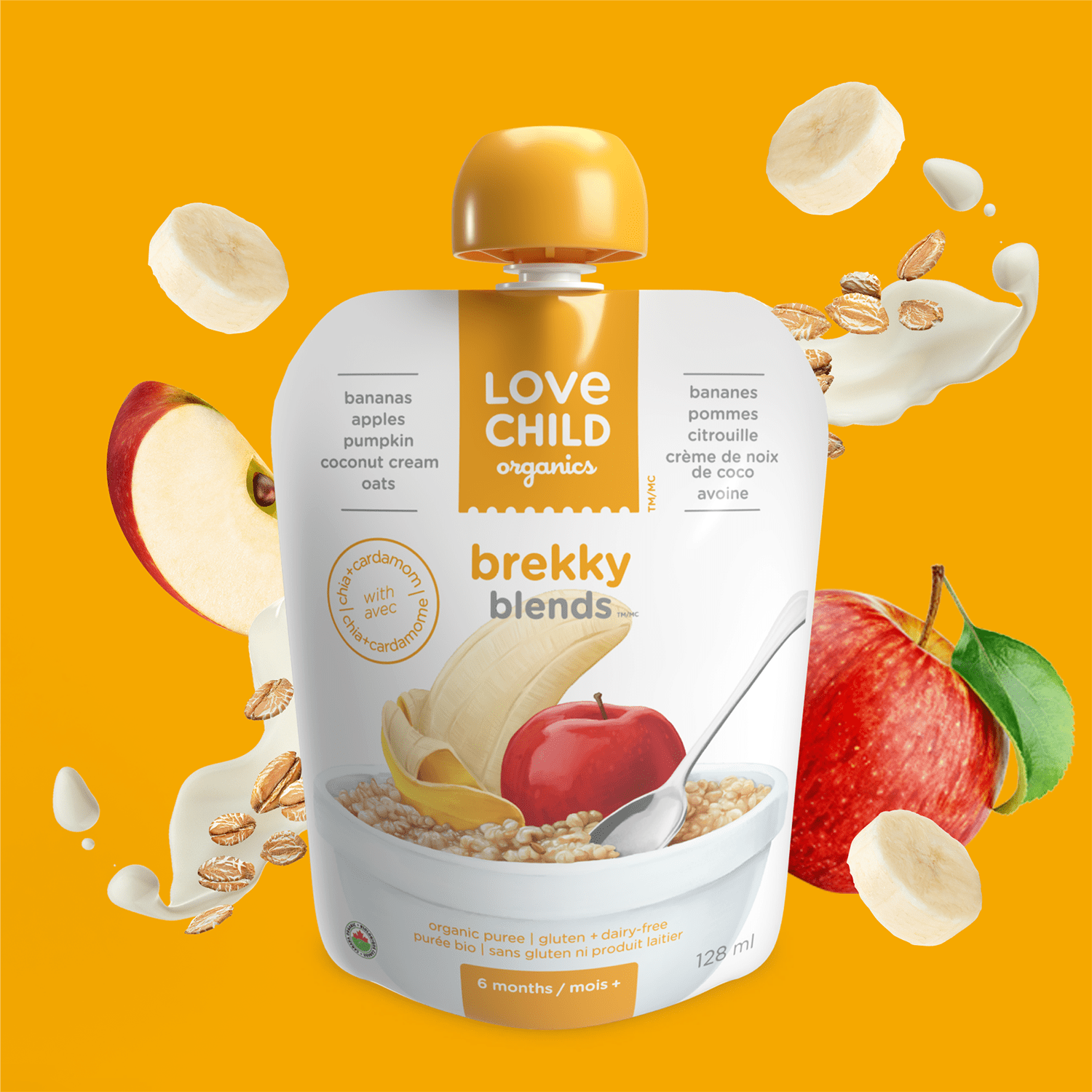 Purée bananes, pommes, citrouille + cardamome Brekky Blends Love Child Organics, 128 ml, sachet