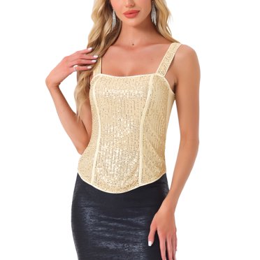 INSPIRE CHIC Women's Halloween Tank Top Sequin Sparkly Glitter Sleeveless Camisole Corset Top XL Gold