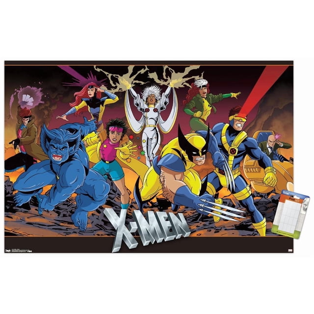Marvel Comics - The X-Men - Affiche Murale de Groupe, 22,375 Pouces x 34 Pouces Mettant en Vedette une illustration de Style Bande Dessinée des Personnages X-Men Bête, Wolverine, Cyclops, Tempête, Voleur, Jubilé, Jean Gris et Gambit en poses d'Action sur un Fond de Champ de Bataille Enfumé avec le logo Métallique X-Men au Bas. Convient à une Déco Murale Vibrante de Superhéros dans les Chambres, Bureaux Ou Dortoirs.