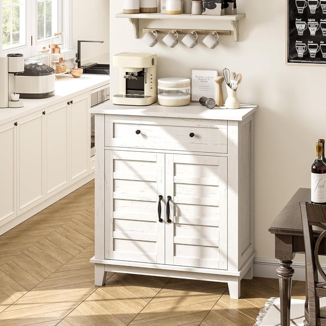 Farmhouse Storage Cabine 3-Tiers Adjustable Shelf with 7 Gears, Rustic Kitchen & Dining Room Organizer, Multi-Functional Entryway Cabinet, Waterproof, White