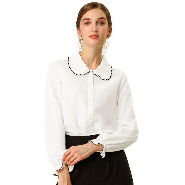 Unique Bargains Chemises de Travail pour Femmes à Col Peter Pan à Volants Doux, Boutonnées