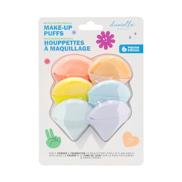 Danielle Creations Pressed Powder Triangle Blending & Setting Puff Set – 6 Piece with six multicolour soft makeup puffs in rounded teardrop shapes and flat edges for precise powder and foundation application, displayed in retail packaging with bilingual English and French text.