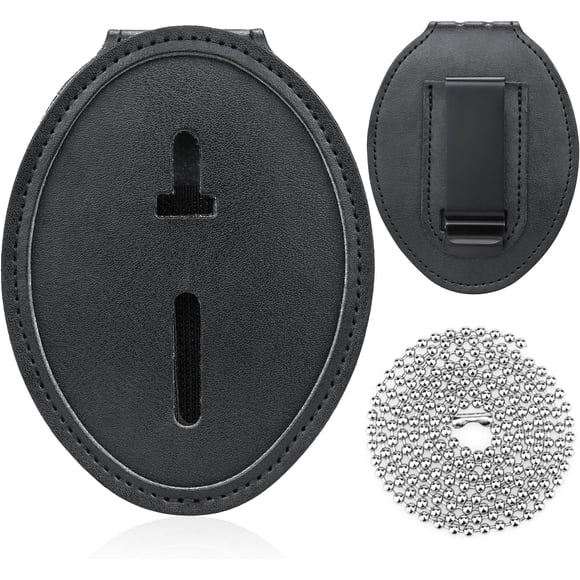 Police Badge Holder, Security Badge Holder Belt Clip, Metal Clip and Chain Included, Universal Leather Holder for Law Enforcement
