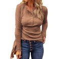 thumbnail image 3 of FOCUSNORM Women’s Juniors Solid Color Button Round Neck Stitching Long Sleeve T-shirt, 3 of 5