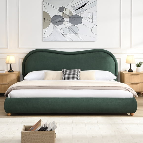 Noble House King Size Upholstered Platform Bed Frame with Rounded Corners curved headboard,Olive Green