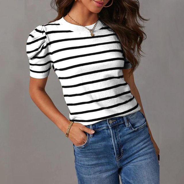 SDNall Femmes Manches Courtes Tricot Tops Tendance Col Ras du Cou à Rayures T-Shirts d'Été Casual Chemisiers