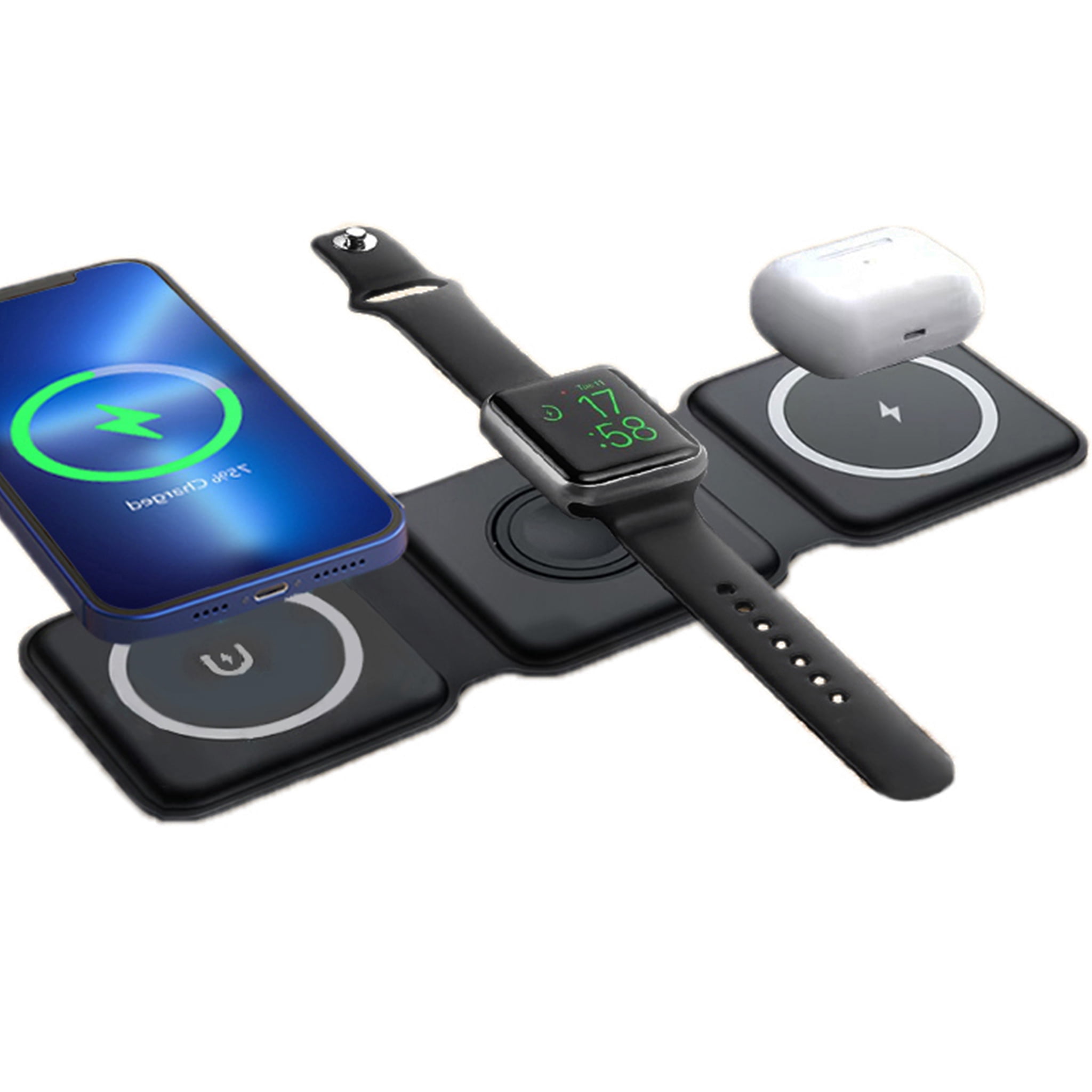 Station de charge sans fil magnétique MotionGrey - Noir, chargeur sans fil pliable 3 en 1 pour iPhone, AirPods, Apple Watch, téléphone