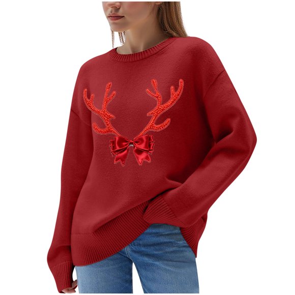 RXMEKW Sweater for Women Long Sleeve Round-Neck Casual Solid Color Blouse Top with Christmas Print for Holiday Party and Daily Wear