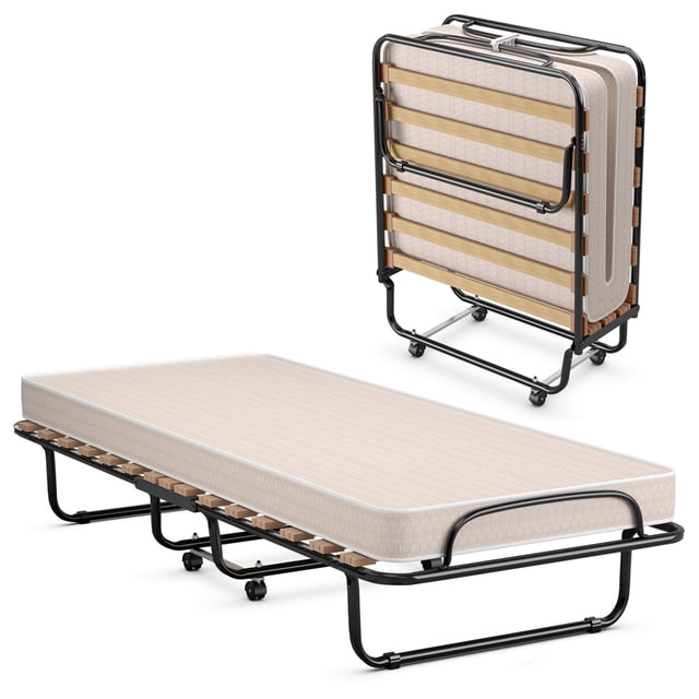 Gymax Folding Bed Rollaway Metal Guest Bed Sleeper Made in Italy with Memory Foam Mattress in beige. Portable bed with a sturdy black steel frame, wooden slats, heavy-duty legs, and a 2.5-inch thick mattress. Includes 360° swivel wheels for easy mobility and folds into a compact size for storage, ideal for guests or office use.