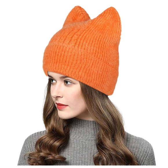 Aocisk Women Crochet Slouchy Knit Wool Hat With Cat Ears Winter Warm Lined Earflap Cap Orange One Size