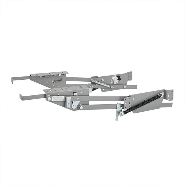 Rev-A-Shelf Mixer/Appliance Lift System for Base Cabinet, RAS-ML-HDSC heavy-duty zinc steel spring-loaded lift mounted on a custom shelf in a front-facing full-height cabinet view. Shows chrome lift arms, soft-close damper and adjustable tension; fits 12–21" openings, 23" cabinet depth, raises up to 60 lb and is suitable for stand mixers, blenders and food processors.
