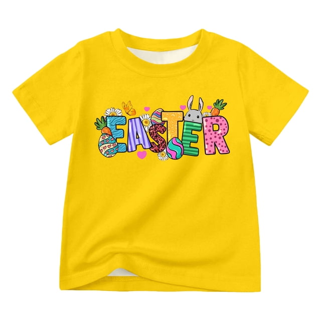 MIASHUI T-Shirt de Pâques pour Garçon et Fille, Manches Courtes, Imprimé Graphique, Jaune, 4-5 Ans