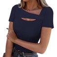 thumbnail image 2 of Lenpel T Shirts for Women Fashion Summer Short Sleeve Cutout Ribbed Knit Solid Color Slim Basic Tees Going out Tops, 2 of 7
