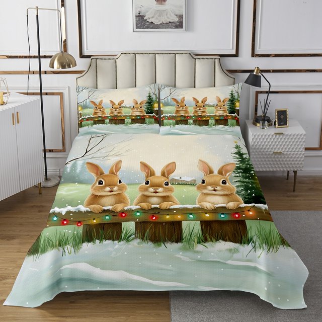 Christmas Rabbit Kids Queen Coverlet Set Cute Cartoon Animal Bedspread Set For Boys Girls,Xmas Pine Tree Winter Snowflakes Quilt Set Rustic Wooden Railings Holiday Bed Set