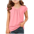 thumbnail image 2 of EGNMCR Children's Spring And Summer Solid Color Short Sleeves Round Neck Pleated T-shirt Top For Kids Children polyester top, 2 of 7