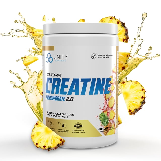 Unity Supplements Flavored Creatine Monohydrate 400g (60 servings) in Pineapple Punch flavor. The container features bold blue and gold branding with a splash of pineapple juice and pineapple slices in the background. Promotes muscle growth, recovery, strength, and performance with 5g of pure creatine per serving. Easy mix formula, gluten-free, sugar-free, and keto-friendly.
