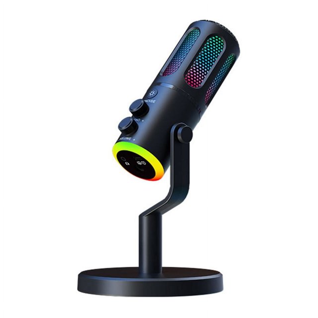 Professional Gaming Microphone with Stand RGB USB Wired Condenser Mic for PC Laptop Streaming Podcast Karaoke. This black metal microphone features cardioid polarity for precise sound capture, a touch-sensitive mute sensor with LED status indicator, and 11 dynamic RGB lighting modes. Ideal for gaming, streaming, and podcasting, it is compatible with OS/WIN systems and most recording or live streaming apps.