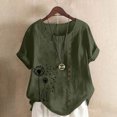 thumbnail image 2 of LMKIHUSA Short Sleeve Linen Shirts for Women Petite Crew Neck Buttons Tops Boho Floral Print Tunic Tees Casual Fashion Summer 2025 Blouses Army Green,XXL, 2 of 4