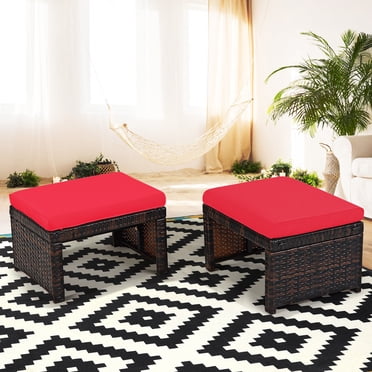 Costway Lot de 2 Poufs en Rotin pour Patio avec Coussin, Repose-Pieds, Mobilier, Rouge