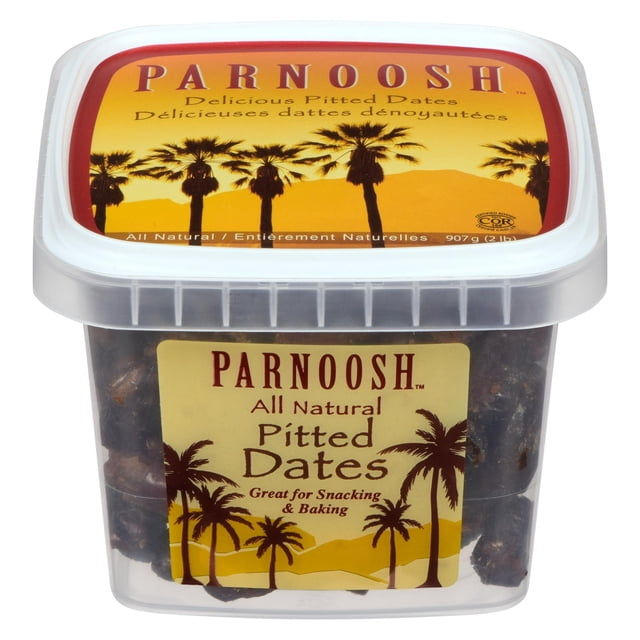 Parnoosh All Natural Delicious Pitted Dates in a clear plastic container with a white lid, featuring palm tree silhouettes on a yellow-orange label, containing 907 g of pitted dates ideal for snacking, baking, and as a natural sweetener.