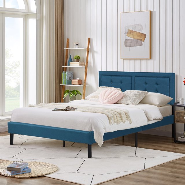 VECELO Lit Plateforme Rembourré avec Tête de Lit Capitonnée Réglable, Support Robuste à Lattes de Bois, Bleu